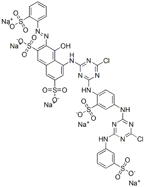 2,7-Naphthalenedisulfonic acid, 5-[[4-chloro-6-[[4-[[4-chloro-6-[(3-sulfophenyl)amino]-1,3,5-triazin-2-yl]amino]-2-sulfophenyl]amino]-1,3,5-triazin-2-yl]amino]-4-hydroxy-3-[(2-sulfophenyl)azo]-, pentasodium salt Struktur