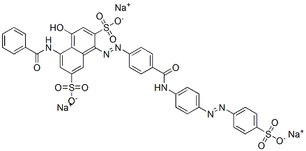 2,7-Naphthalenedisulfonic acid, 5-(benzoylamino)-4-hydroxy-1-[[4-[[[4- [(4-sulfophenyl)azo]phenyl]amino]carbonyl]phenyl]azo]-, trisodium salt Struktur