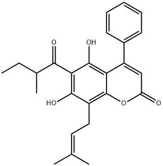 5,7-Dihydroxy-8-(3-methyl-2-butenyl)-6-(2-methylbutyryl)-4-phenyl-2H-1-benzopyran-2-one Struktur