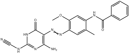 N-[4-[[[4-Amino-2-(cyanoamino)-1,6-dihydro-6-oxopyrimidin]-5-yl]azo]-5-methoxy-2-methylphenyl]benzamide Struktur