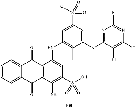 disodium 1-amino-4-[[3-[(5-chloro-2,6-difluoro-4-pyrimidinyl)amino]-2-methyl-5-sulphonatophenyl]amino]-9,10-dihydro-9,10-dioxoanthracene-2-sulphonate Struktur