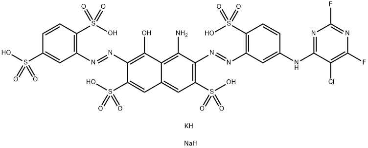 4-amino-3-[[5-[(5-chloro-2,6-difluoro-4-pyrimidinyl)amino]-2-sulphophenyl]azo]-6-[(2,5-disulphophenyl)azo]-5-hydroxynaphthalene-2,7-disulphonic acid, potassium sodium salt Struktur