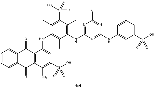 trisodium 1-amino-4-[[3-[[4-chloro-6-[(3-sulphonatophenyl)amino]-1,3,5-triazin-2-yl]amino]-2,4,6-trimethyl-5-sulphonatophenyl]amino]-9,10-dihydro-9,10-dioxoanthracene-2-sulphonate Struktur