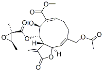 (3aS,4S,5S,6E,10Z,11aR)-10-Acetoxymethyl-4-[[[(2R,3R)-2,3-dimethyloxiranyl]carbonyl]oxy]-2,3,3a,4,5,8,9,11a-octahydro-5-hydroxy-3-methylene-2-oxocyclodeca[b]furan-6-carboxylic acid methyl ester Struktur