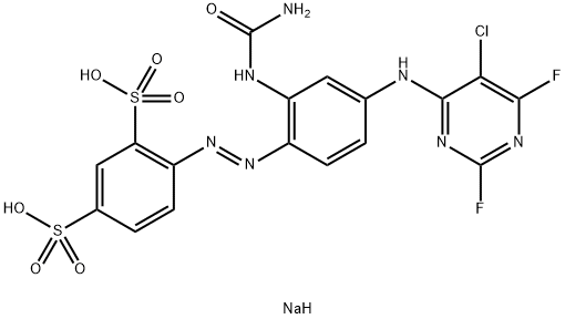 1,3-Benzenedisulfonic acid, 4-[[2-[(aminocarbonyl)amino] -4-[(5-chloro-2,6-difluoro-4-pyrimidinyl)amino ]phenyl]azo]-, disodium salt Struktur