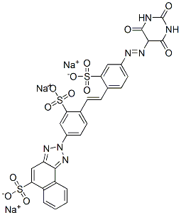 trisodium 2-[4-[2-[4-[(hexahydro-2,4,6-trioxopyrimidin-5-yl)azo]-2-sulphonatophenyl]vinyl]-3-sulphonatophenyl]-2H-naphtho[1,2-d]triazole-5-sulphonate Struktur