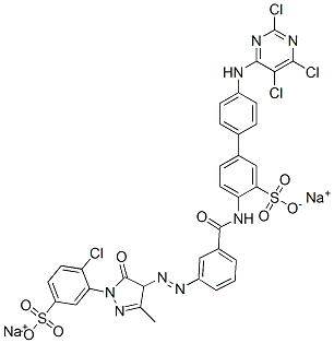 disodium 4-[[3-[[1-(2-chloro-5-sulphonatophenyl)-4,5-dihydro-3-methyl-5-oxo-1H-pyrazol-4-yl]azo]benzoyl]amino]-4'-[(2,5,6-trichloropyrimidin-4-yl)amino][1,1'-biphenyl]-3-sulphonate Struktur