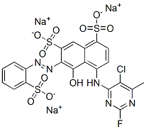 1,7-Naphthalenedisulfonic acid, 4-[(5-chloro-2-fluoro-6-methyl- 4-pyrimidinyl)amino]-5-hydroxy-6-[(2-sulfophenyl )azo]-, trisodium salt Struktur