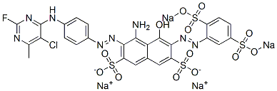 4-Amino-3-[4-(5-chloro-2-fluoro-6-methylpyrimidin-4-ylamino)phenylazo]-6-[2,5-bis(sodiosulfo)phenylazo]-5-hydroxy-2,7-naphthalenedisulfonic acid disodium salt Struktur