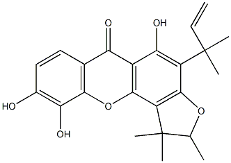 (-)-1,2-Dihydro-5,9,10-trihydroxy-1,1,2-trimethyl-4-(1,1-dimethyl-2-propenyl)-6H-furo[2,3-c]xanthen-6-one Struktur