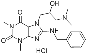 1H-Purine-2,6-dione, 3,7-dihydro-1,3-dimethyl-7-(3-(dimethylamino)-2-h ydroxypropyl)-8-((phenylmethyl)amino)-, monohydrochloride Struktur