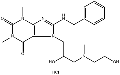 1H-Purine-2,6-dione, 3,7-dihydro-1,3-dimethyl-7-(2-hydroxy-3-((2-hydro xyethyl)methylamino)propyl)-8-((phenylmethyl)amino)-, monohydrochlorid e Struktur