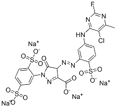 4-[[5-[(5-chloro-2-fluoro-6-methyl-4-pyrimidinyl)amino]-2-sulphophenyl]azo]-1-(2,5-disulphophenyl)-4,5-dihydro-5-oxo-1H-pyrazole-3-carboxylic acid, sodium salt  Struktur