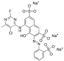 5-[(5-chloro-2-fluoro-6-methyl-4-pyrimidinyl)amino]-4-hydroxy-3-[(2-sulphophenyl)azo]naphthalene-2,7-disulphonic acid, sodium salt  Struktur