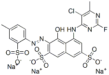 5-[(5-chloro-2-fluoro-6-methyl-4-pyrimidinyl)amino]-4-hydroxy-3-[(4-methyl-2-sulphophenyl)azo]naphthalene-2,7-disulphonic acid, sodium salt Struktur