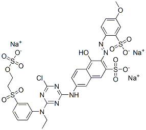 trisodium 7-[[4-chloro-6-[ethyl[3-[[2-(sulphonatooxy)ethyl]sulphonyl]phenyl]amino]-1,3,5-triazin-2-yl]amino]-4-hydroxy-3-[(4-methoxy-2-sulphonatophenyl)azo]naphthalene-2-sulphonate Struktur