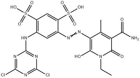 4-[[5-(aminocarbonyl)-1-ethyl-1,6-dihydro-2-hydroxy-4-methyl-6-oxo-3-pyridyl]azo]-6-[(4,6-dichloro-1,3,5-triazin-2-yl)amino]benzene-1,3-disulphonic acid Struktur