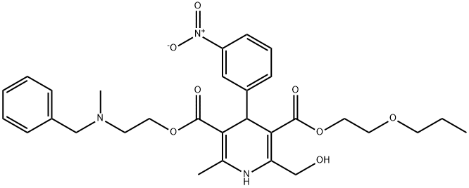 2-propoxyethyl 2-(benzyl-methyl-amino)ethyl 2-(hydroxymethyl)-6-methyl -4-(3-nitrophenyl)-1,4-dihydropyridine-3,5-dicarboxylate Struktur