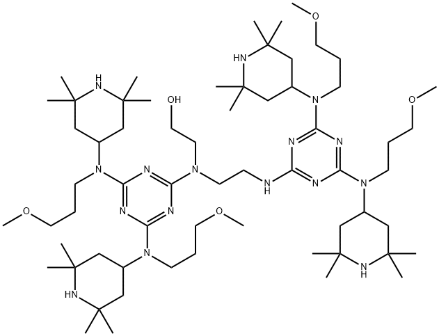 Ethanol, 2-[[4,6-bis[(3-methoxypropyl)(2,2,6,6-tetramethyl-4-piperidinyl)amino]-1,3,5-triazin-2-yl][2-[[4,6-bis[(3-methoxypropyl)(2,2,6,6-tetramethyl-4-piperidinyl)amino]-1,3,5-triazin-2-yl]amino]ethyl]amino]- Struktur