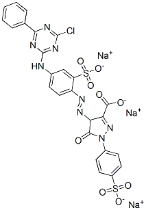 4-[[4-[(4-chloro-6-phenyl-1,3,5-triazin-2-yl)amino]-2-sulphophenyl]azo]-4,5-dihydro-5-oxo-1-(4-sulphophenyl)-1H-pyrazole-3-carboxylic acid, sodium salt Struktur