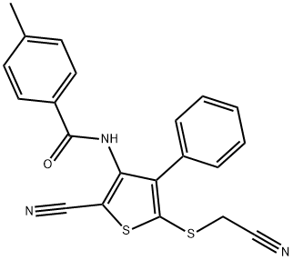 N-{2-cyano-5-[(cyanomethyl)sulfanyl]-4-phenyl-3-thienyl}-4-methylbenzenecarboxamide Struktur