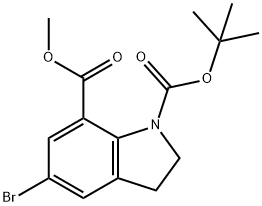 1H-Indole-1,7-dicarboxylic acid, 5-broMo-2,3-dihydro-, 1-(1,1-diMethylethyl) 7-Methyl ester Struktur