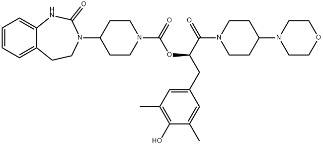 1-Piperidinecarboxylic acid, 4-(1,2,4,5-tetrahydro-2-oxo-3H-1,3-benzodiazepin-3-yl)-, (1R)-1-[(4-hydroxy-3,5-dimethylphenyl)methyl]-2-[4-(4-morpholinyl)-1-piperidinyl]-2-oxoethyl ester Struktur