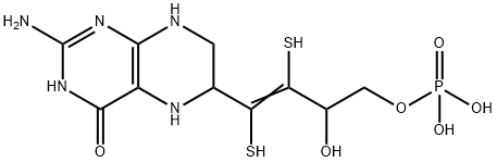 2-Amino-5,8-dihydro-6-(3-hydroxy-1,2-dimercapto-4-phosphonooxy-1-butenyl)-4(1H)-pteridinone Struktur