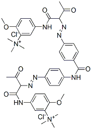 Benzenaminium, 2-methoxy-5-[[2-[[4-[[4-[ [1-[[[4-methoxy-3-(trimethylammonio)phenyl]amino]carbonyl ]-2-oxopropyl]azo]benzoyl]amino]phenyl]az o]-1,3-dioxobutyl]amino]-N,N,N-trimethyl-, dichloride Struktur