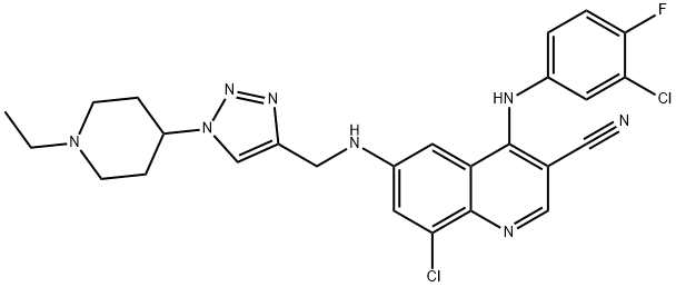 8-Chloro-4-[(3-chloro-4-fluorophenyl)amino]-6-[[[1-(1-ethyl-4-piperidinyl)-1H-1,2,3-triazol-4-yl]methyl]amino]-3-Quinolinecarbonitrile Struktur