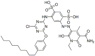 4-[[5-(aminocarbonyl)-1-ethyl-1,6-dihydro-2-hydroxy-4-methyl-6-oxo-3-pyridyl]azo]-6-[[4-chloro-6-(4-nonylphenoxy)-1,3,5-triazin-2-yl]amino]benzene-1,3-disulphonic acid Struktur