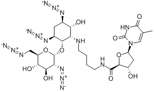 (2S,3S,5R)-N-(4-((1S,2S,3S,5R,6R)-3,5-DIAZIDO-2-((2S,3R,4R,5S,6R)-3-AZIDO-6-(AZIDOMETHYL)-4,5-DIHYDROXYTETRAHYDRO-2H-PYRAN-2-YLOXY)-6-HYDROXYCYCLOHEXYLAMINO)BUTYL)-3-HYDROXY-5-(5-METHYL-2,4-DIOXO-3,4-DIHYDROPYRIMIDIN-1(2H)-YL)TETRAHYDROFURAN-2-CARBOXAMIDE Struktur