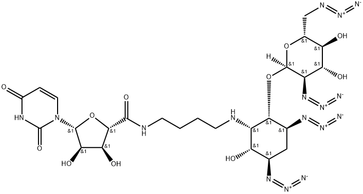 (2S,3S,4R,5R)-N-(4-((1S,2S,3S,5R,6R)-3,5-DIAZIDO-2-((2S,3R,4R,5S,6R)-3-AZIDO-6-(AZIDOMETHYL)-4,5-DIHYDROXYTETRAHYDRO-2H-PYRAN-2-YLOXY)-6-HYDROXYCYCLOHEXYLAMINO)BUTYL)-5-(2,4-DIOXO-3,4-DIHYDROPYRIMIDIN-1(2H)-YL)-3,4-DIHYDROXYTETRAHYDROFURAN-2-CARBOXAMIDE Struktur