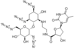 (2S,3S,5R)-N-(2-((1S,2S,3S,5R,6R)-3,5-DIAZIDO-2-((2S,3R,4R,5S,6R)-3-AZIDO-6-(AZIDOMETHYL)-4,5-DIHYDROXYTETRAHYDRO-2H-PYRAN-2-YLOXY)-6-HYDROXYCYCLOHEXYLAMINO)ETHYL)-3-HYDROXY-5-(5-METHYL-2,4-DIOXO-3,4-DIHYDROPYRIMIDIN-1(2H)-YL)TETRAHYDROFURAN-2-CARBOXAMIDE Struktur