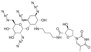 (2S,3S,5R)-N-(4-((1S,2S,3S,5R,6R)-3,5-DIAZIDO-2-((2S,3R,5S,6R)-3-AZIDO-6-(AZIDOMETHYL)-4,5-DIHYDROXYTETRAHYDRO-2H-PYRAN-2-YLOXY)-6-HYDROXYCYCLOHEXYLAMINO)BUTYL)-3-HYDROXY-5-(5-METHYL-2,4-DIOXO-3,4-DIHYDROPYRIMIDIN-1(2H)-YL)TETRAHYDROFURAN-2-CARBOXAMIDE Struktur