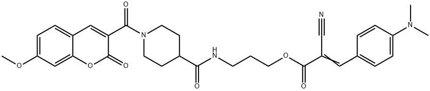 2-Propenoic acid, 2-cyano-3-[4-(dimethylamino)phenyl]-, 3-[[[1-[(7-methoxy-2-oxo-2H-1-benzopyran-3-yl)carbonyl]-4-piperidinyl]carbonyl]amino]propyl ester Struktur