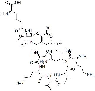 (7S)-7-[[(R)-5-Amino-5-carboxy-1-oxopentyl]amino]-7-methoxy-3-[[[6-amino-3-hydroxy-4-(L-seryl-L-ornithyl-L-valyl-L-ornithyl-L-valylamino)-1,6-dioxohexyl]oxy]methyl]cepham-3-ene-4-carboxylic acid Struktur