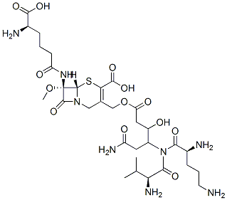 (7S)-7-[[(R)-5-Amino-5-carboxy-1-oxopentyl]amino]-7-methoxy-3-[[[6-amino-3-hydroxy-4-(L-ornithyl-L-valylamino)-1,6-dioxohexyl]oxy]methyl]cepham-3-ene-4-carboxylic acid Struktur