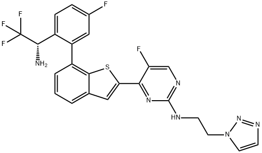 2-Pyrimidinamine, 4-[7-[2-[(1S)-1-amino-2,2,2-trifluoroethyl]-5-fluorophenyl]benzo[b]thien-2-yl]-5-fluoro-N-[2-(1H-1,2,3-triazol-1-yl)ethyl]- Struktur