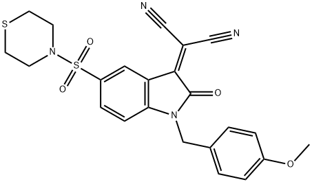 2-[(4-Methoxybenzyl)-2-oxo-5-(thiomorpholinosulfonyl)indolin-3-ylidene]malononitrile Struktur