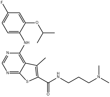 N-(3-(dimethylamino)propyl)-4-(4-fluoro-2-isopropoxyphenylamino)-5-methylthieno[2,3-d]pyrimidine-6-carboxamide Struktur