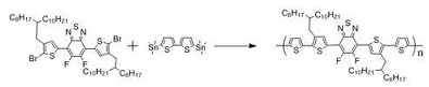 PCE11 (PffBT4T-2OD) synthesis with 4,7-bis(5-bromo-4-(2-octyldodecyl)thiophen-2-yl)-5,6-difluorobenzo[c][1,2,5]-thiadiazole with 2,5-bis(trimethylstannyl)thieno[3,2-b]thiophene as starting materials engaging Stille Coupling reaction