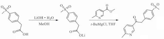 2-(4-甲磺?；交?-1-(6-甲基吡啶-3-基)-乙酮的合成反應(yīng)式