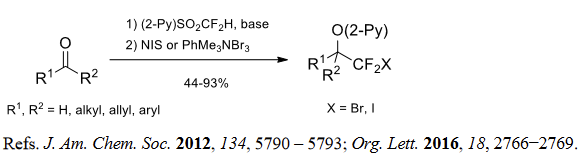 Halodifluoromethylation of aldehydes and ketones.