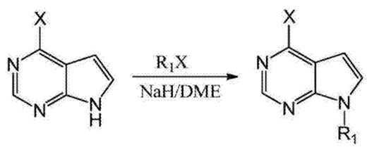圖1 （4-氯-7H-吡咯并[2，3-D]嘧啶-7-基）甲基特戊酸酯的合成反應(yīng)式.png