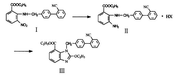 1-[(2'-氰基聯(lián)苯-4-基)甲基]-2-乙氧基-1H-苯并咪唑-7-甲酸甲酯的合成.png