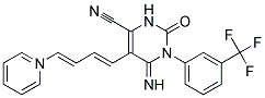 5-(1-Aza-4-phenylbuta-1,3-dienyl)-4-imino-2-oxo-3-(3-(trifluoromethyl)phenyl)-1H-1,3-diazine-6-carbonitrile Struktur