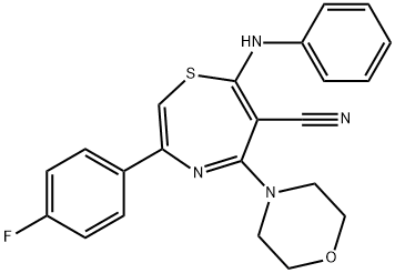 7-ANILINO-3-(4-FLUOROPHENYL)-5-MORPHOLINO-1,4-THIAZEPINE-6-CARBONITRILE Struktur