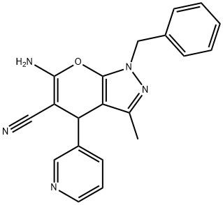 6-AMINO-1-BENZYL-3-METHYL-4-PYRIDIN-3-YL-1,4-DIHYDROPYRANO[2,3-C]PYRAZOLE-5-CARBONITRILE Struktur