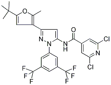 N-(1-[3,5-BIS(TRIFLUOROMETHYL)PHENYL]-3-[5-(TERT-BUTYL)-2-METHYL-3-FURYL]-1H-PYRAZOL-5-YL)-2,6-DICHLOROISONICOTINAMIDE Struktur